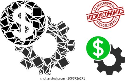 Simple geometric engineering price mosaic and Microeconomics unclean stamp seal. Red seal contains Microeconomics tag inside circle and lines form.