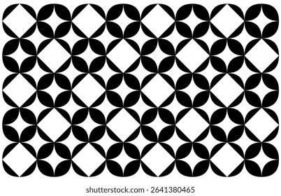 Simple geometric ethnic style pattern featuring interlocking black rounded petal shapes on a crisp white background, forming a repeating floral-like motif, reminiscent of traditional Indonesian batik