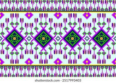 Simple geometric fabric pattern with purple and green floral pattern, small heart shape in pixel art style, light blue background, suitable for textile and garment industry.