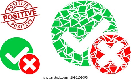 Simple geometric false positive mosaic and Positive rubber stamp seal. Red stamp seal includes Positive caption inside circle and lines form.
