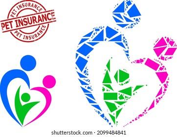 Simple geometric familty care mosaic and PET INSURANCE grunge stamp. Red stamp contains Pet Insurance caption inside circle and lines form.