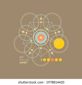 Simple geometric figure like circles and lines. Abstract mechanical scheme. Decoration element. Line art design. Alchemy, religion, philosophy or spirituality symbol. Vector illustration.