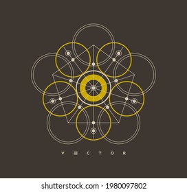 Simple geometric figure like circles and lines. Abstract mechanical scheme. Decoration element. Line art design. Alchemy, religion, philosophy or spirituality symbol. Vector illustration.