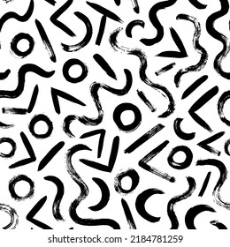 Simple geometric figures vector seamless pattern. Organic grunge squiggle lines, triangles and circles. Biological motif, memphis ornament. Abstract ornament. Black paint dry simple brushstrokes. 