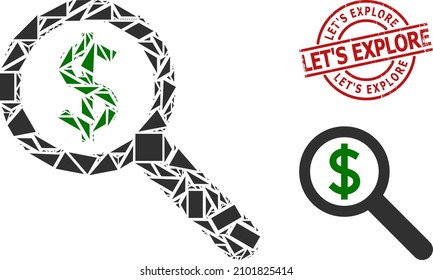 Simple geometric financial audit mosaic and Let'S Explore textured stamp print. Red stamp contains Let'S Explore title inside circle and lines shape.