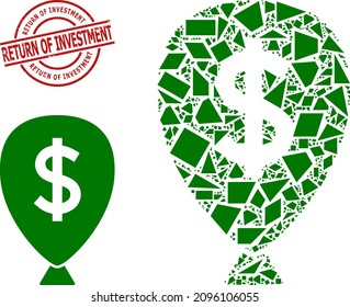 Simple geometric financial inflation balloon mosaic and Return of Investment rubber stamp seal. Red stamp seal includes RETURN OF INVESTMENT text inside round and lines form.