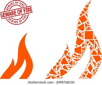 Simple geometric fire mosaic and Beware of Fire scratched stamp imitation. Red stamp seal has Beware of Fire text inside circle and lines shape.