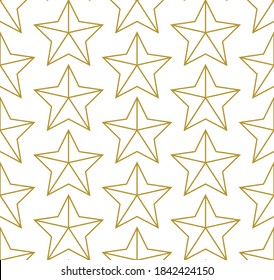 Simple geometric five-pointed star shapes repeating pattern in gold outline against a white background, vector illustration