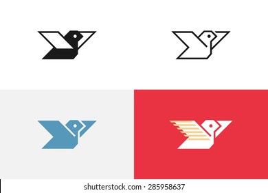 Simple Geometric Flat Paper Bird. Logo template in Flat, Outline, Black and Colour variations.