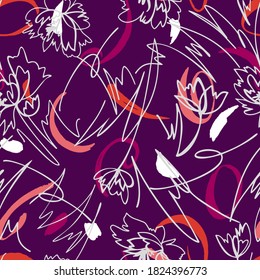 Fondo floral geométrico simple. Patrón sin foco con flores dibujadas a mano mezcladas con un fondo de estilo memphis. Dibujo de línea .Contour. Estilo de esbozo. Diseño de moda para tu tejido y tela.