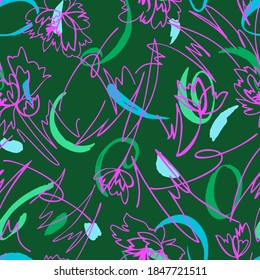 Simple geometric floral background. Seamless pattern with hand drawn flowers mixed with memphis style background. Line art .Contour drawing. Sketch style. Fashion design for your textile and fabric.
