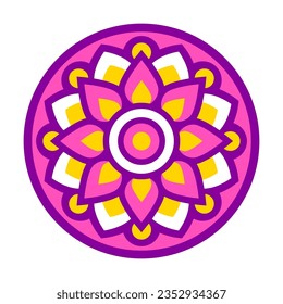 Simple geometric floral mandala in bright colors, circular ornament. Vector logo design, isolated clip art illustration. 