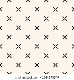 Simple geometric floral pattern. Black and white minimalist seamless texture with small flowers, crosses. Vector abstract minimal monochrome background. Repeatable design for decor, wallpaper, fabric