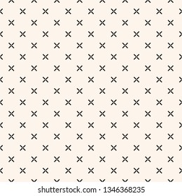Simple geometric floral pattern. Black and white minimalist seamless texture with tiny flowers, small crosses. Vector abstract minimal monochrome background. Repeat design for decor, wallpaper, fabric