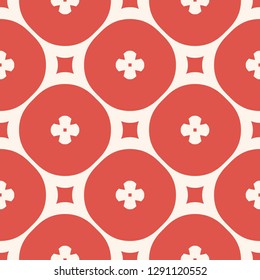 Simple geometric floral pattern. Vector seamless texture with flowers, circles, squares, crosses. Abstract minimalist background in terracotta red and beige color. Repeated design for decor, prints