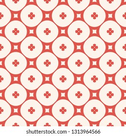 Simple geometric floral pattern. Vector seamless texture with small flowers, circles, squares, round grid. Abstract minimalist background in terracotta red and beige color. Repeat decorative design