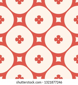Simple geometric floral pattern. Vector seamless texture with small flowers, circles, squares, rounded grid. Abstract minimalist background in terracotta red and beige color. Elegant repeated design