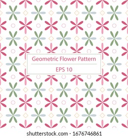 simple geometric floral repeated pattern in pink and green for background, wallpaper, decoration, paper wrapping, textile