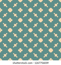 Simple geometric floral seamless pattern. Retro style vector ornament in pastel colors, tan and teal. Abstract background texture with small flower shapes, circles, squares, grid. Repeatable design