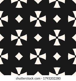Simple geometric floral seamless pattern. Abstract vector ornament with flower silhouettes, crosses, diamonds. Elegant black and white texture in gothic style. Monochrome background. Repeat design