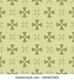 Simple geometric floral seamless pattern. Abstract vector ornament with small flower silhouettes, crosses. Green colored background. Cute repeatable texture. Design for decoration, print, wrapping