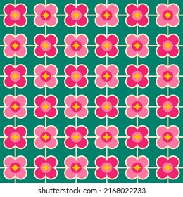 Simple geometric floral seamless pattern. Retro grid styled background.