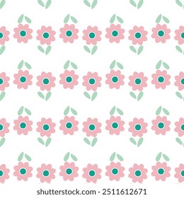 Simple geometric floral seamless pattern. Cute colorful daisies in retro style. Vector textures.
