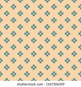 Simple geometric floral texture. Retro vintage pattern with small flower silhouettes, circles, dots. Vector abstract background in tan and teal colors. Elegant repeat design for decor, textile, cloth