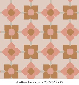 Simple geometric flowers arranged as flower grill pattern in a dusty color palette of pink, brown and gray on off white background. A seamless vector pattern. Great for home decor, fabric, wallpaper.