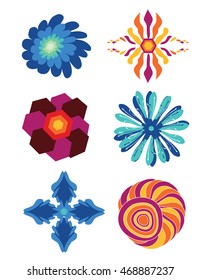 Simple geometric flowers in blue orange magenta and teal colors isolated on white background, vector flowers 