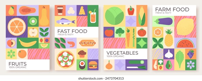 Simple geometric food cards. Vegan and meat, organic vegetables and fruits. Apple shrimp pizza lemon watermelon cheese sweets, abstract racy vector design