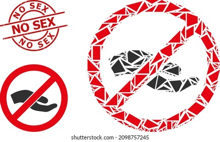Simple y geométrica prohibición de pedir mosaico de mano y NO SEX estampado sucio. El sello rojo no contiene ninguna leyenda sexual dentro del círculo y forma de líneas.