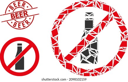 Simple geometric forbid beer bottle mosaic and Beer rubber stamp. Red stamp seal has BEER text inside round and lines form. Vector forbid beer bottle icon collage is combined of random triangles,