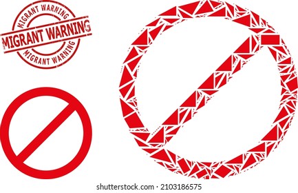 Simple geometric forbid mosaic and Migrant Warning unclean stamp seal. Red stamp seal includes Migrant Warning title inside circle and lines shape.