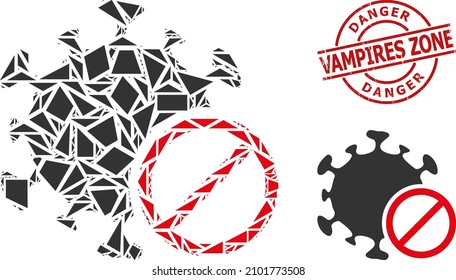 Simple geometric forbidden virus mosaic and Danger Vampires Zone rubber stamp imitation. Red stamp contains Danger Vampires Zone text inside circle and lines template.