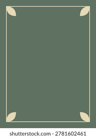 A simple geometric frame with creamcolored lines and corner accents shaped like leaves against a muted green background creating a classic and refined visual element