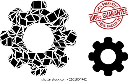 Simple geometric gear wheel mosaic and 100 percent Guarantee unclean stamp. Red stamp seal has 100 percent Guarantee caption inside round and lines form.