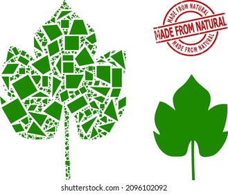 Mosaico de hojas de uvas geométricas simples y hecho de sello sucio natural. El sello rojo ha sido hecho de la leyenda natural dentro del círculo y la forma de las líneas.