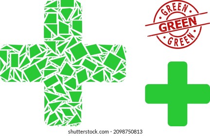 Simple geometric green cross mosaic and Green rubber stamp seal. Red stamp seal includes Green text inside round and lines template. Vector green cross icon collage is combined of chaotic triangles,