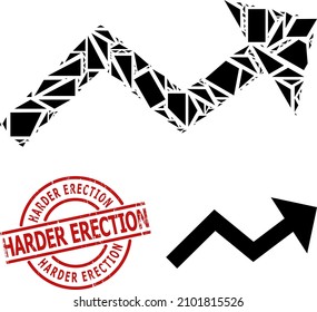 Mosaico de flecha de tendencia geométrica simple y foco impuro de ERECCIÓN MÁS DURA. El sello rojo contiene la leyenda Harder Erection dentro del círculo y la plantilla de líneas.