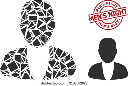 Simple geometric guy person mosaic and MEN'S NIGHT grunge stamp seal. Red stamp seal has Men'S Night tag inside round and lines template.