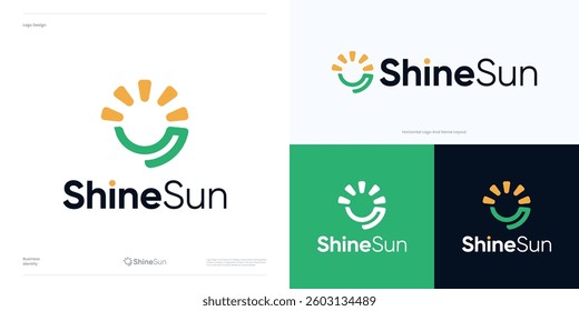 Simple geometric half sun vector design template element for business and identity, Modern minimal sunburst logo icon design, Sun with playful smile, Symbol sun bright for solar energy and nature