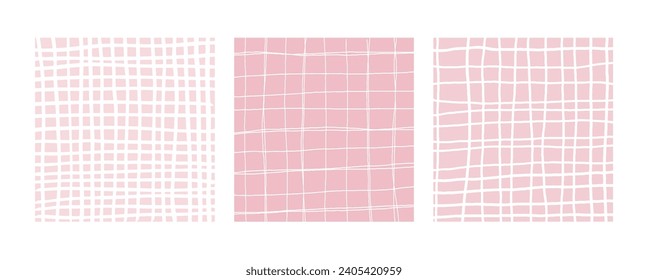 Simple Geometric Hand Drawn Irregular Patterns. Pale pink Doodle Checkered simple drawing with textures. Square Poster set.
