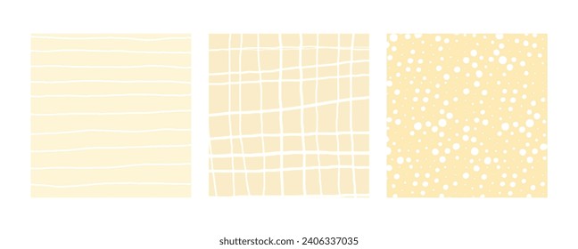 Simple Geometric Hand Drawn Irregular Patterns. Pale yellow Doodle Checkered simple drawing with textures. Square Poster set.
