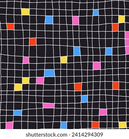 Simple Geometric Hand Drawn Irregular Pattern. Cute groovy Colored Doodle Checkered drawing. Brutal bright colors Square Poster.