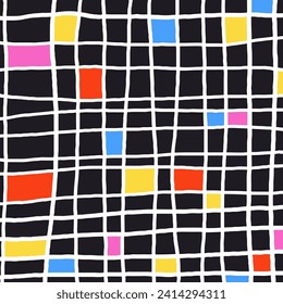 Simple Geometric Hand Drawn Irregular Pattern. Cute groovy Colored Doodle Checkered drawing. Brutal bright colors Square Poster.