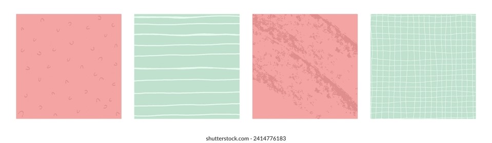 Simple Geometric Hand Drawn Irregular Patterns.Cute Colored Doodle Checkered simple drawing with textures, lines, dots and squiggles. Square Poster set.
