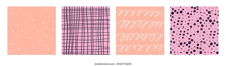 Simple Geometric Hand Drawn Irregular Patterns.Cute Colored Doodle Checkered simple drawing with textures, lines, dots and squiggles. Square Poster set.
