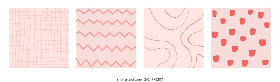 Simple Geometric Hand Drawn Irregular Patterns.Cute Colored Doodle Checkered simple drawing with textures, lines, dots and squiggles. Square Poster set.
