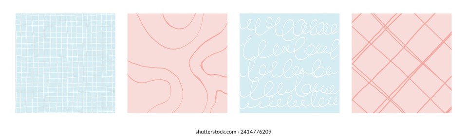Simple Geometric Hand Drawn Irregular Patterns.Cute Colored Doodle Checkered simple drawing with textures, lines, dots and squiggles. Square Poster set.
